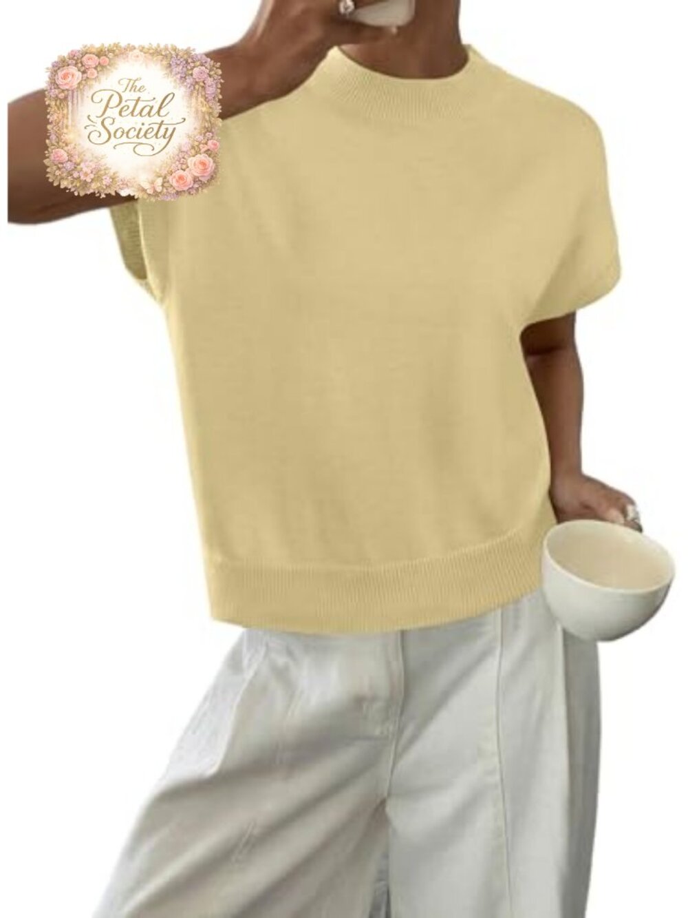 Women's Cap Sleeve Knit Sweater Top Loose Fit Crewneck Pullover